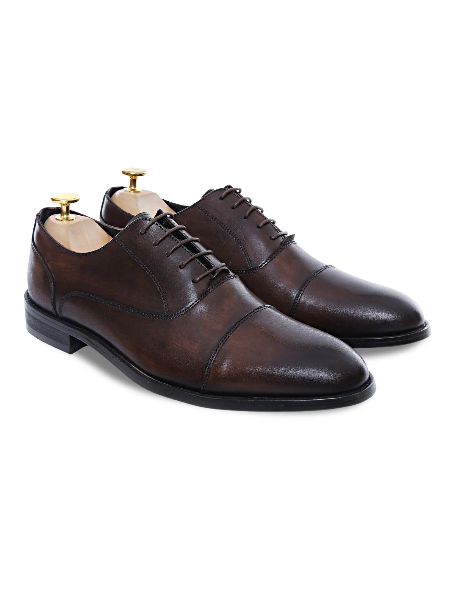 Oxford Cap Toe In Dark Brown - Hand Painted Patina - Lace Up