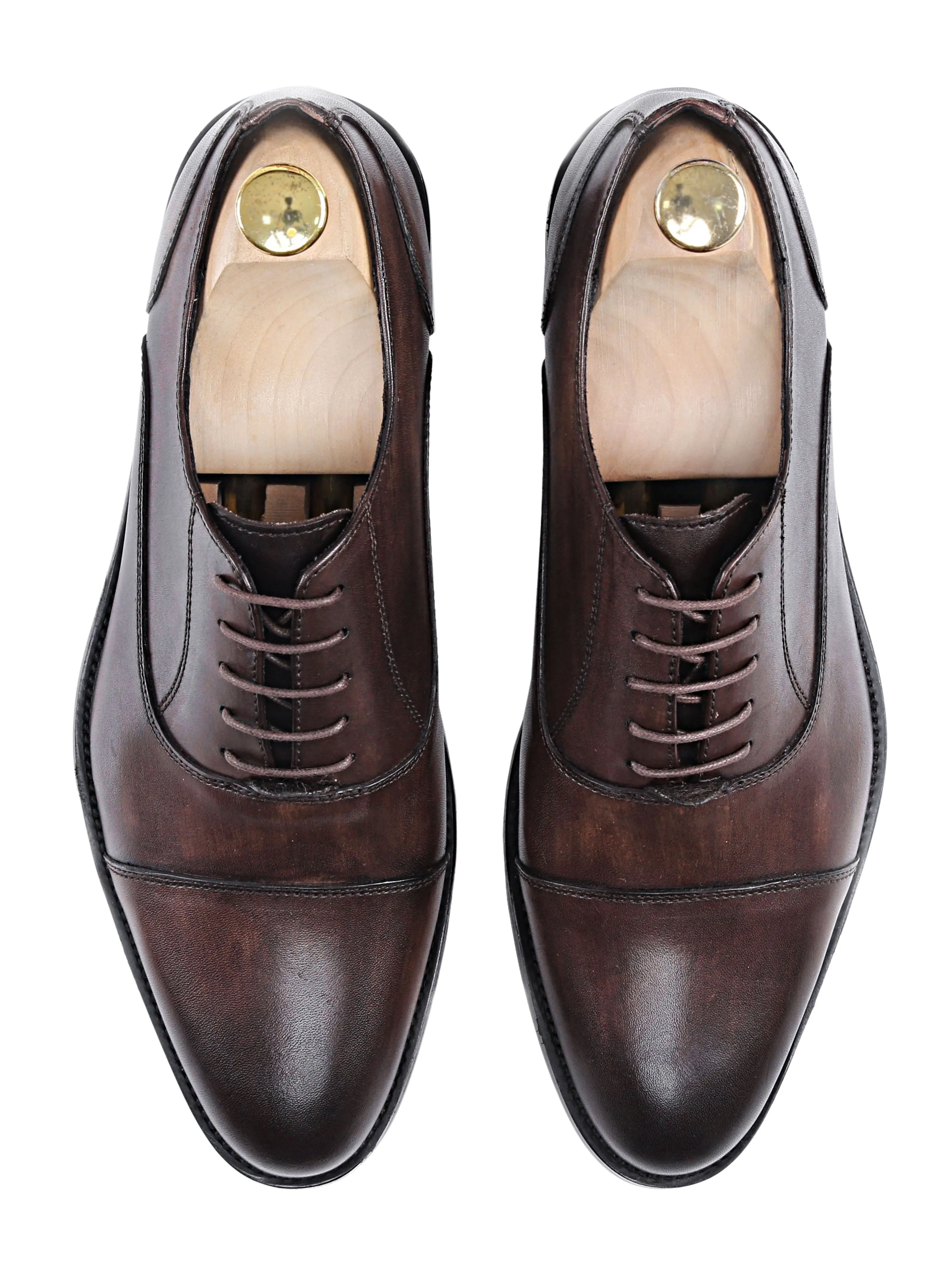 Oxford Cap Toe In Dark Brown - Hand Painted Patina - Lace Up