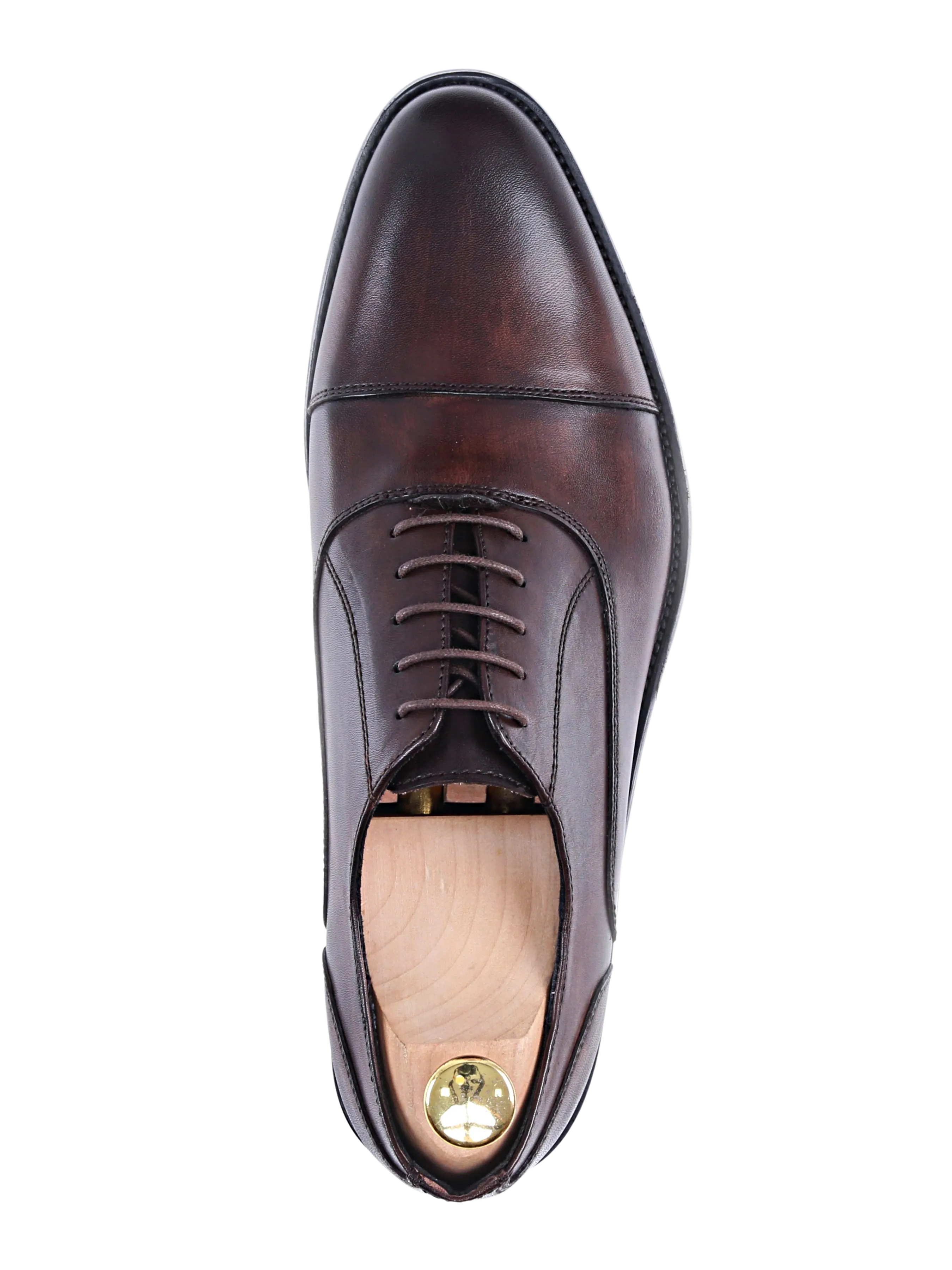 Oxford Cap Toe In Dark Brown - Hand Painted Patina - Lace Up