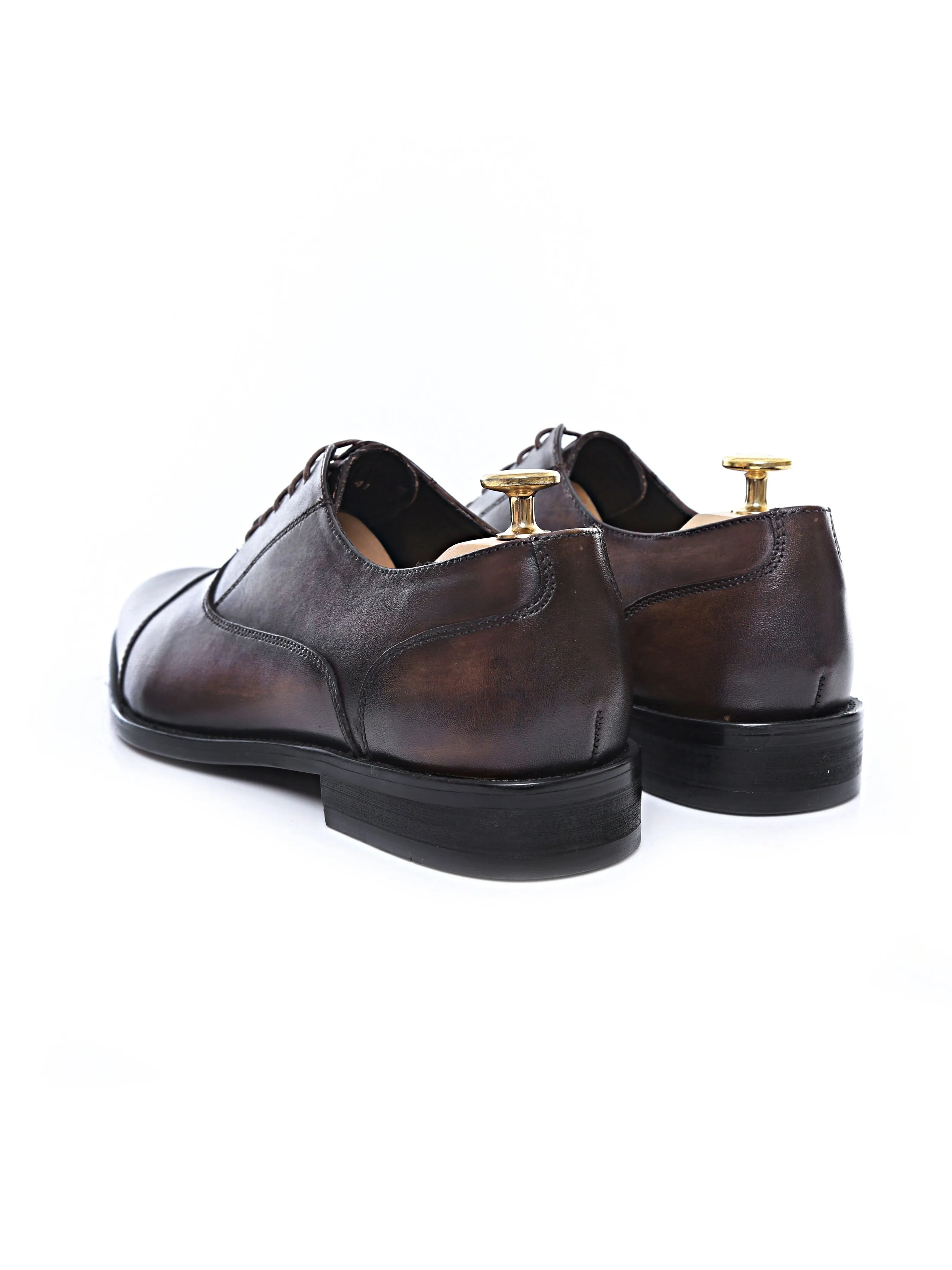 Oxford Cap Toe In Dark Brown - Hand Painted Patina - Lace Up