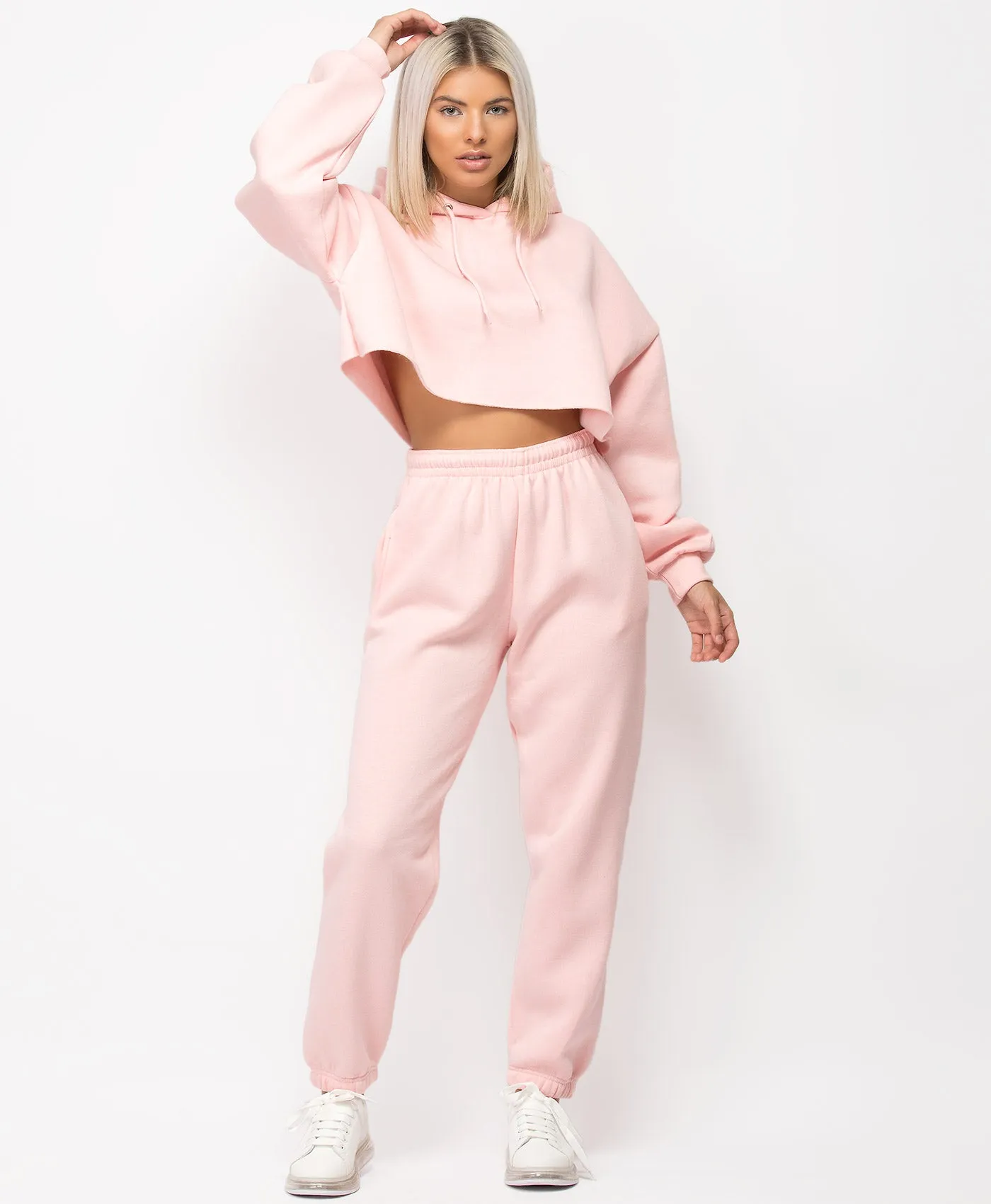 Pink Oversized Cropped Hoodie & Joggers Loungewear Set