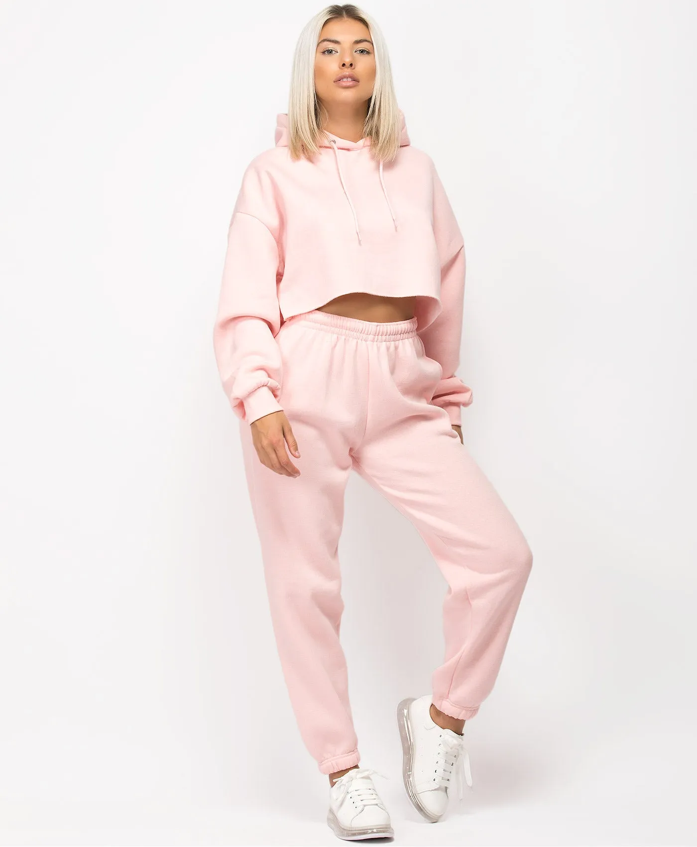 Pink Oversized Cropped Hoodie & Joggers Loungewear Set