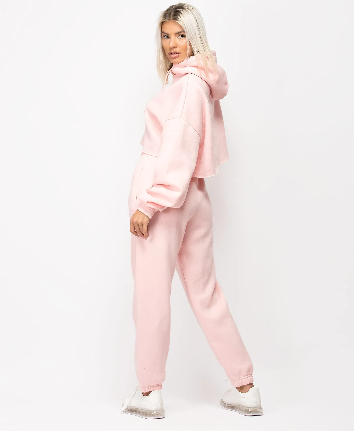 Pink Oversized Cropped Hoodie & Joggers Loungewear Set