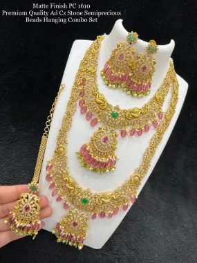 Pink Rambha Bridal Necklace Set with Semi Precious Beads Hanging and Premium American Diamond CZ Stone