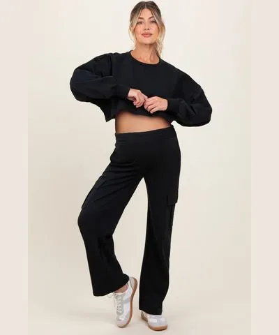 PinkBlush Black Oversized Crop Sweatshirt Cargo Sweatpant Maternity Set