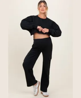 PinkBlush Black Oversized Crop Sweatshirt Cargo Sweatpant Maternity Set