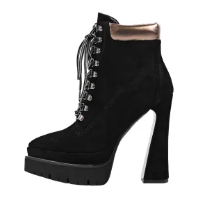 Platform Pointed Toe Lace-up Ankle Boots