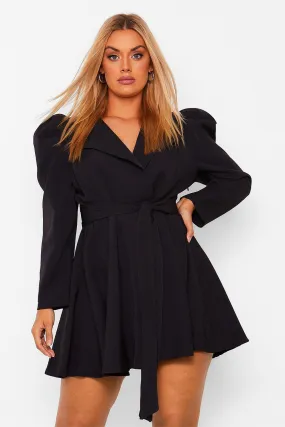 Plus Puff Sleeve Belted Wrap Blazer Dress