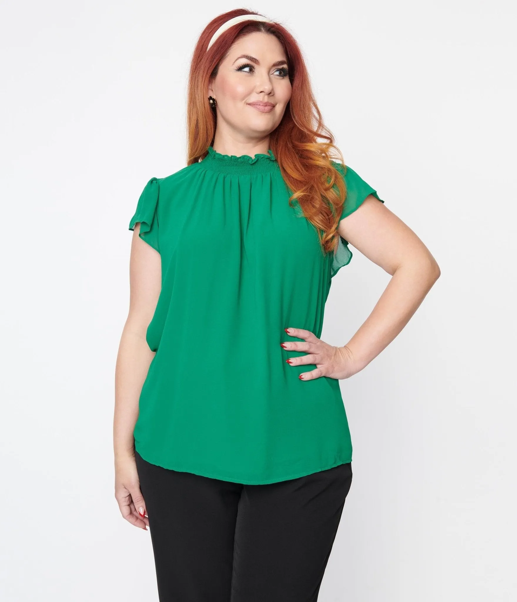 Plus Size Green Ruffled Blouse Mock Neck