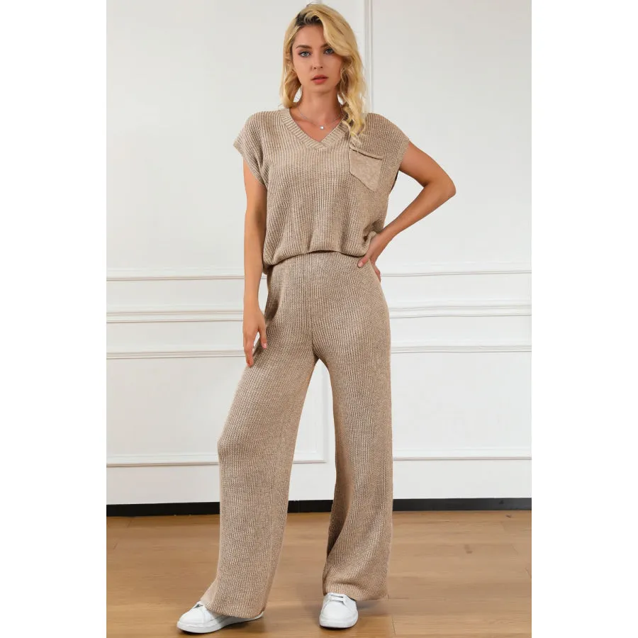 Pocketed V-Neck Top and Wide Leg Sweater Set