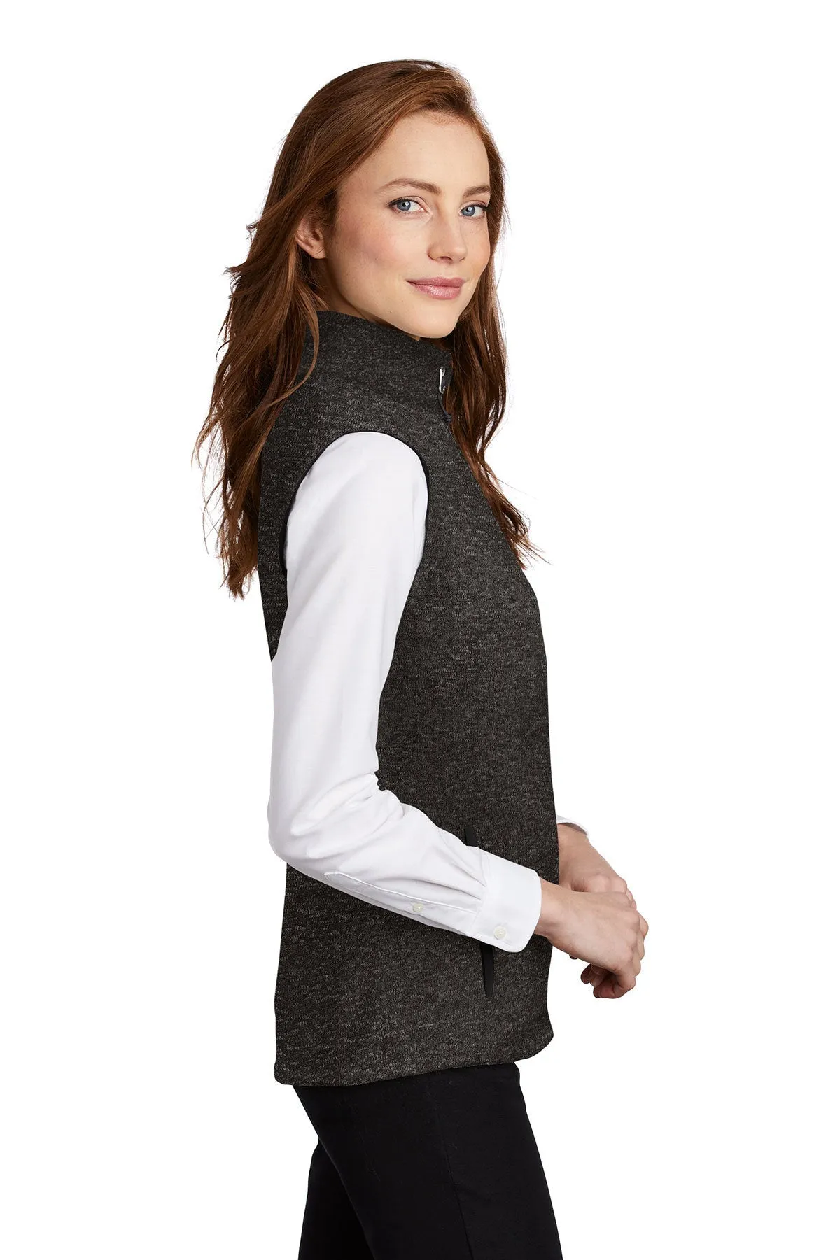 Port Authority Ladies Sweater Fleece Customized Vests, Black Heather