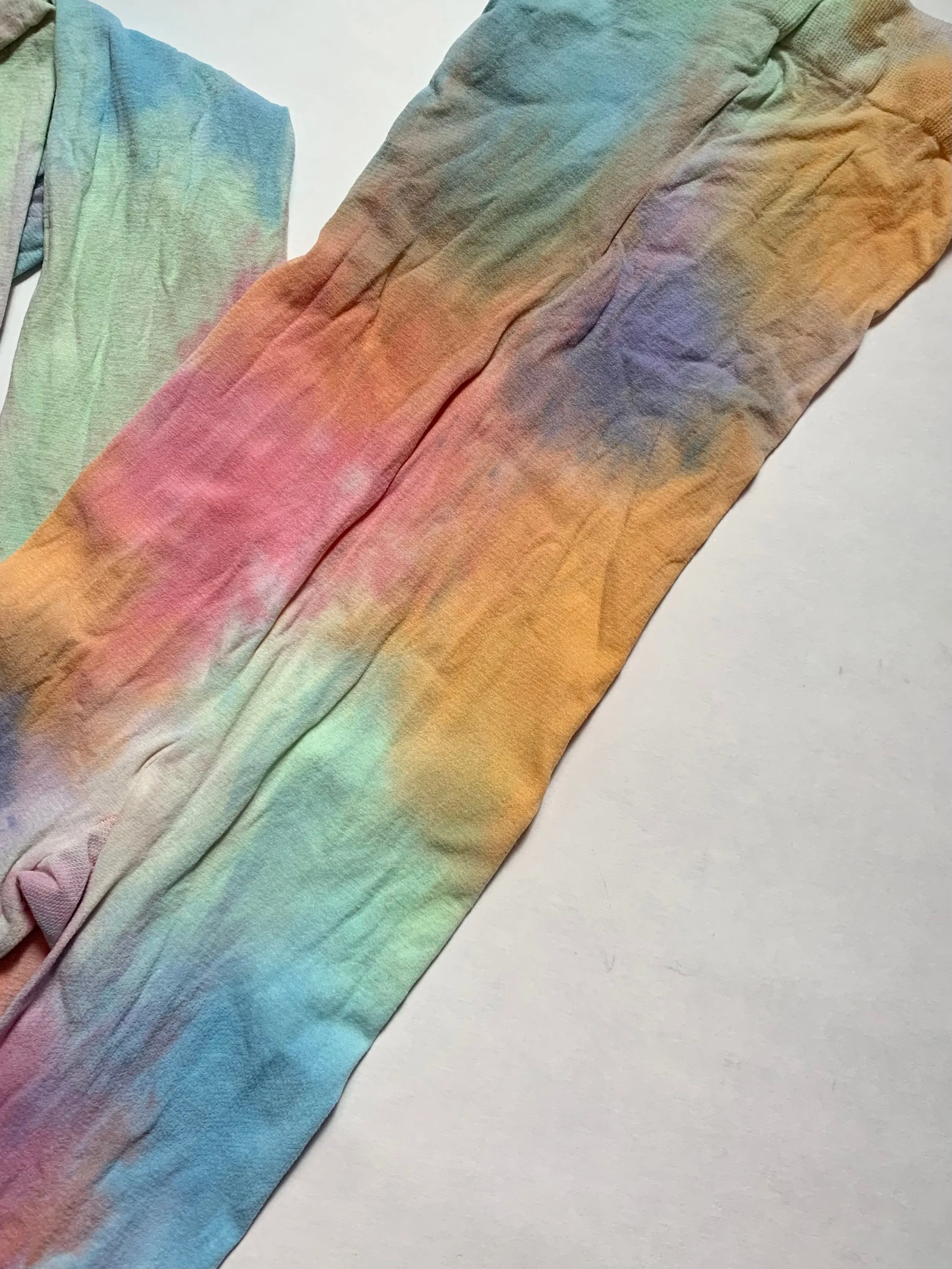 Recycled watercolor rainbow drip tights - Google SEO friendly result: Upcycled multicolor drip tights