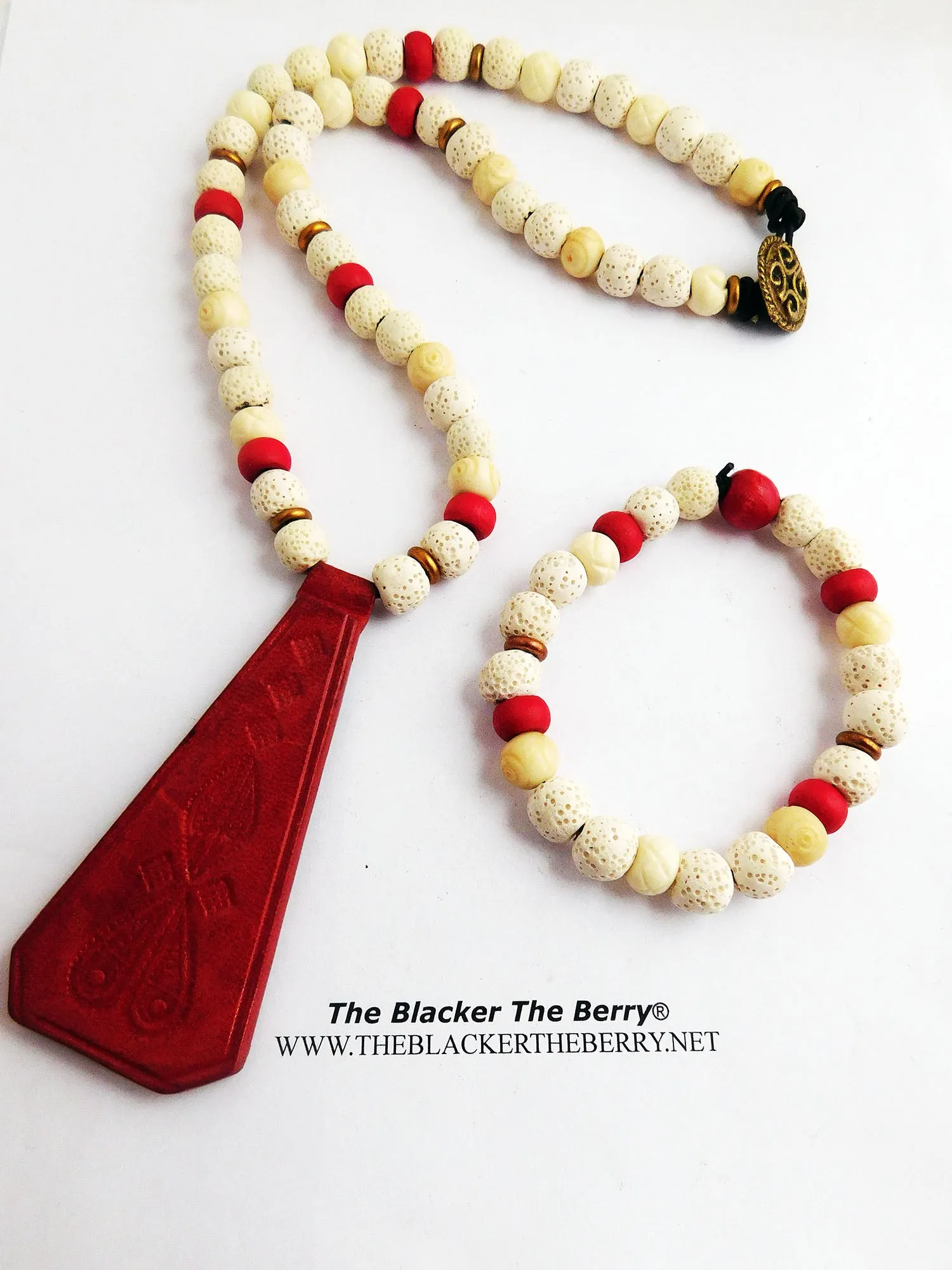 Red Beaded Leather Necklace and Cream Bracelets Jewelry Set.