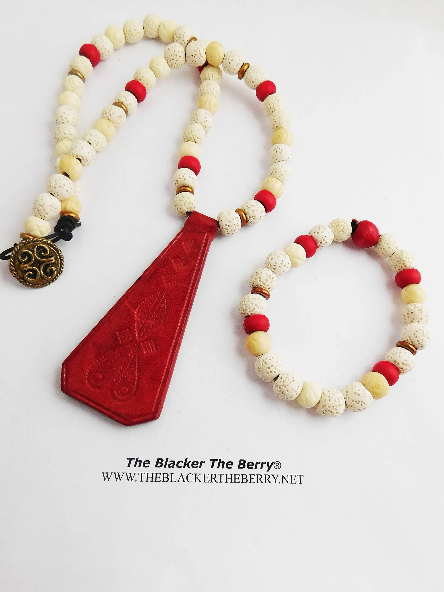 Red Beaded Leather Necklace and Cream Bracelets Jewelry Set.