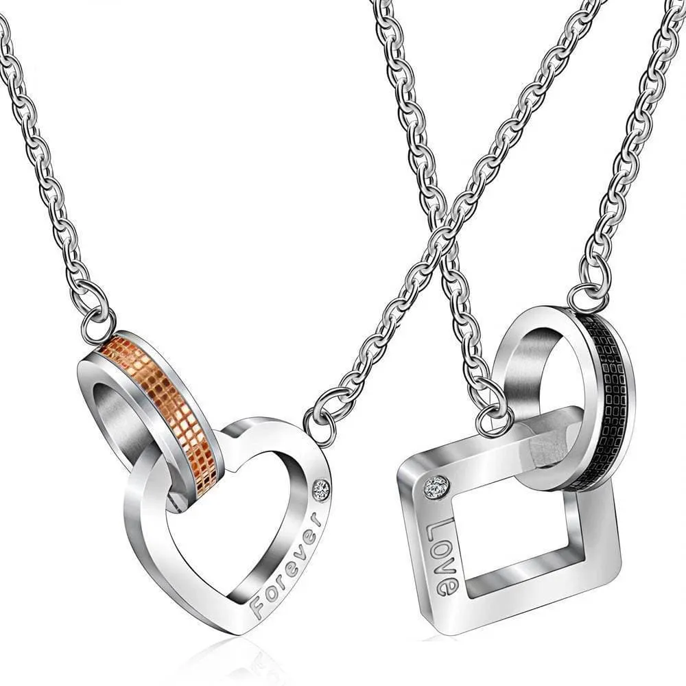 Ring Heart Square Pendant Couple Necklaces for Couples