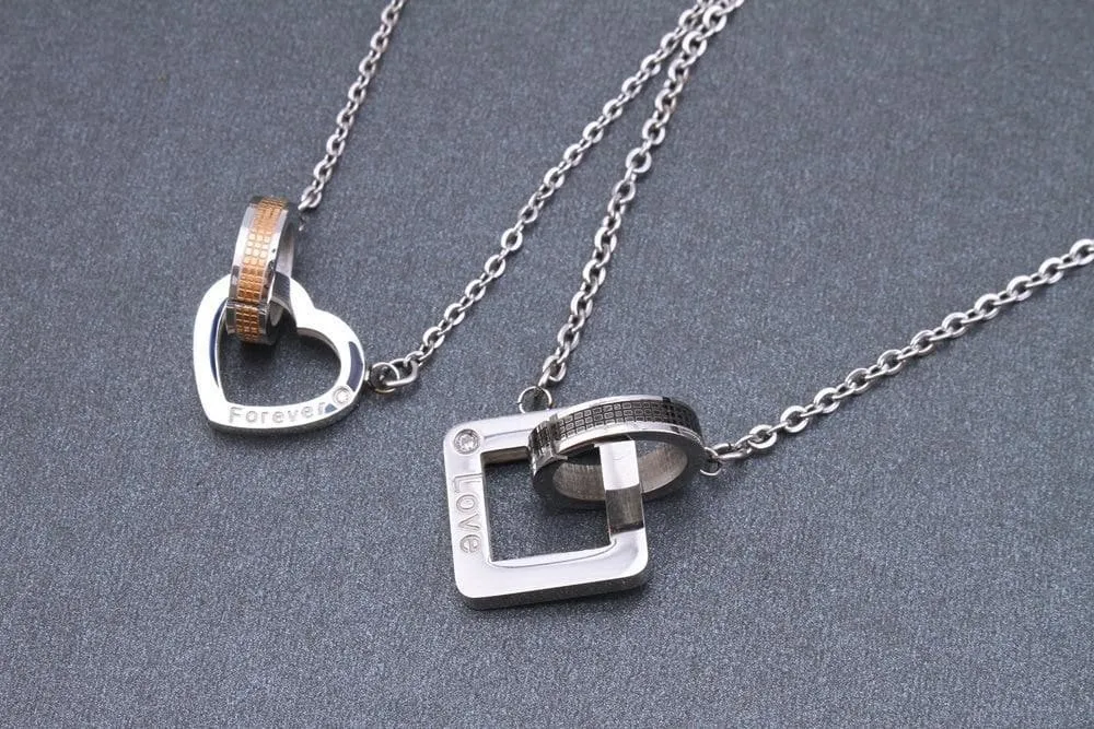 Ring Heart Square Pendant Couple Necklaces for Couples