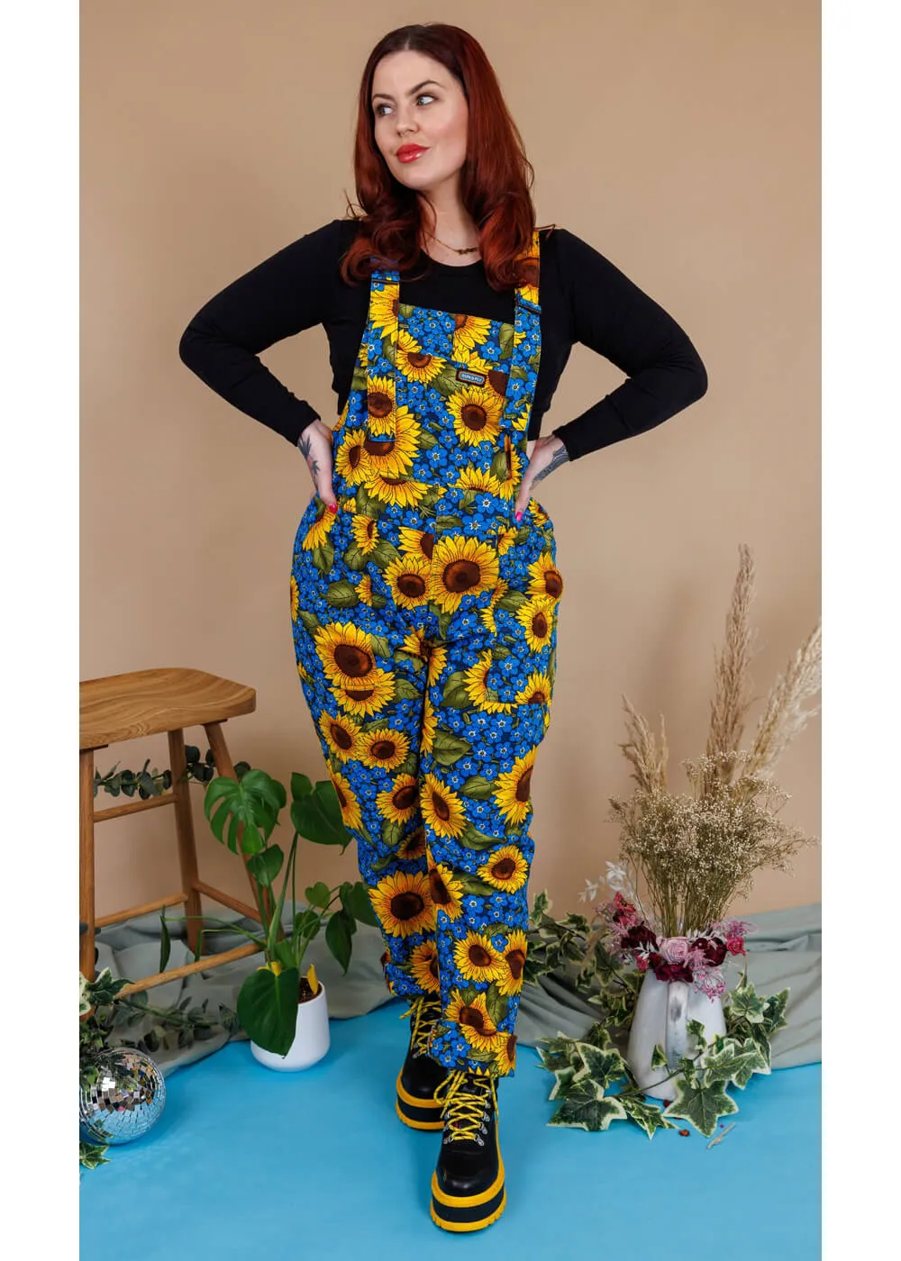 Run & Fly Sunflowers Dungarees Blue 70's