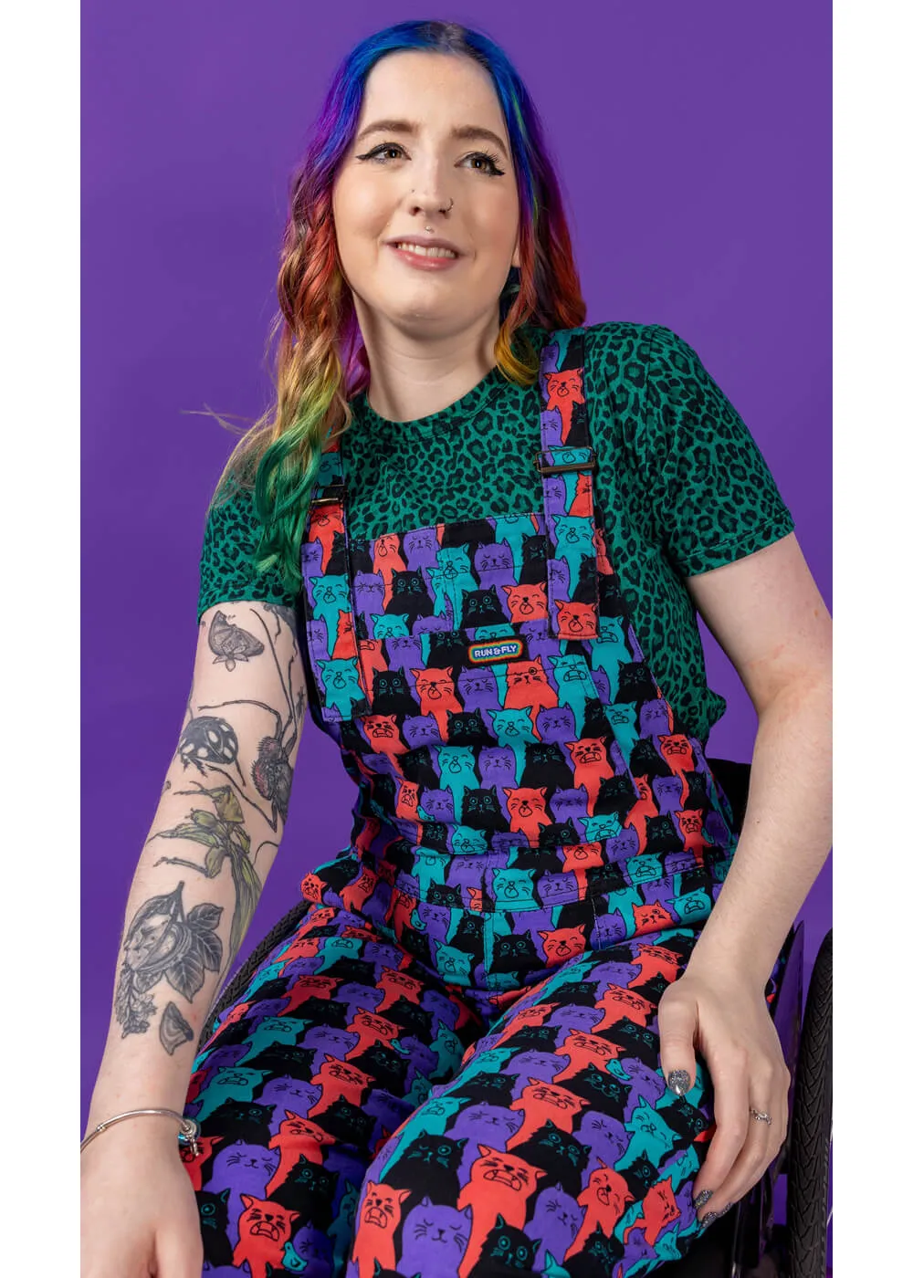 Run and Fly 1970s Multicolored Dungarees - Cat Print