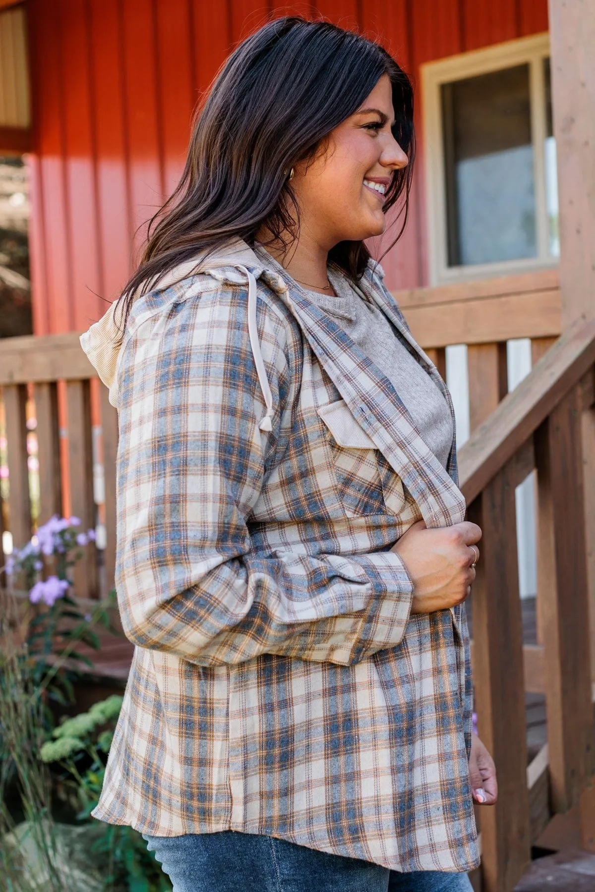 Shake It Off Hooded Button Top- Light Taupe & Navy