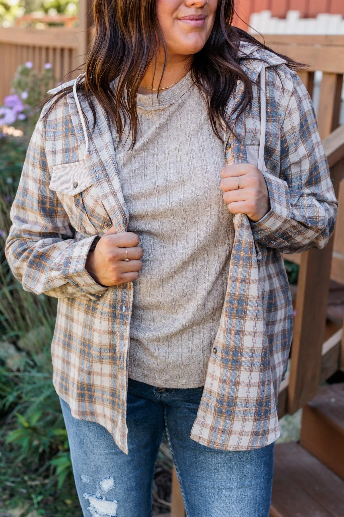 Shake It Off Hooded Button Top- Light Taupe & Navy