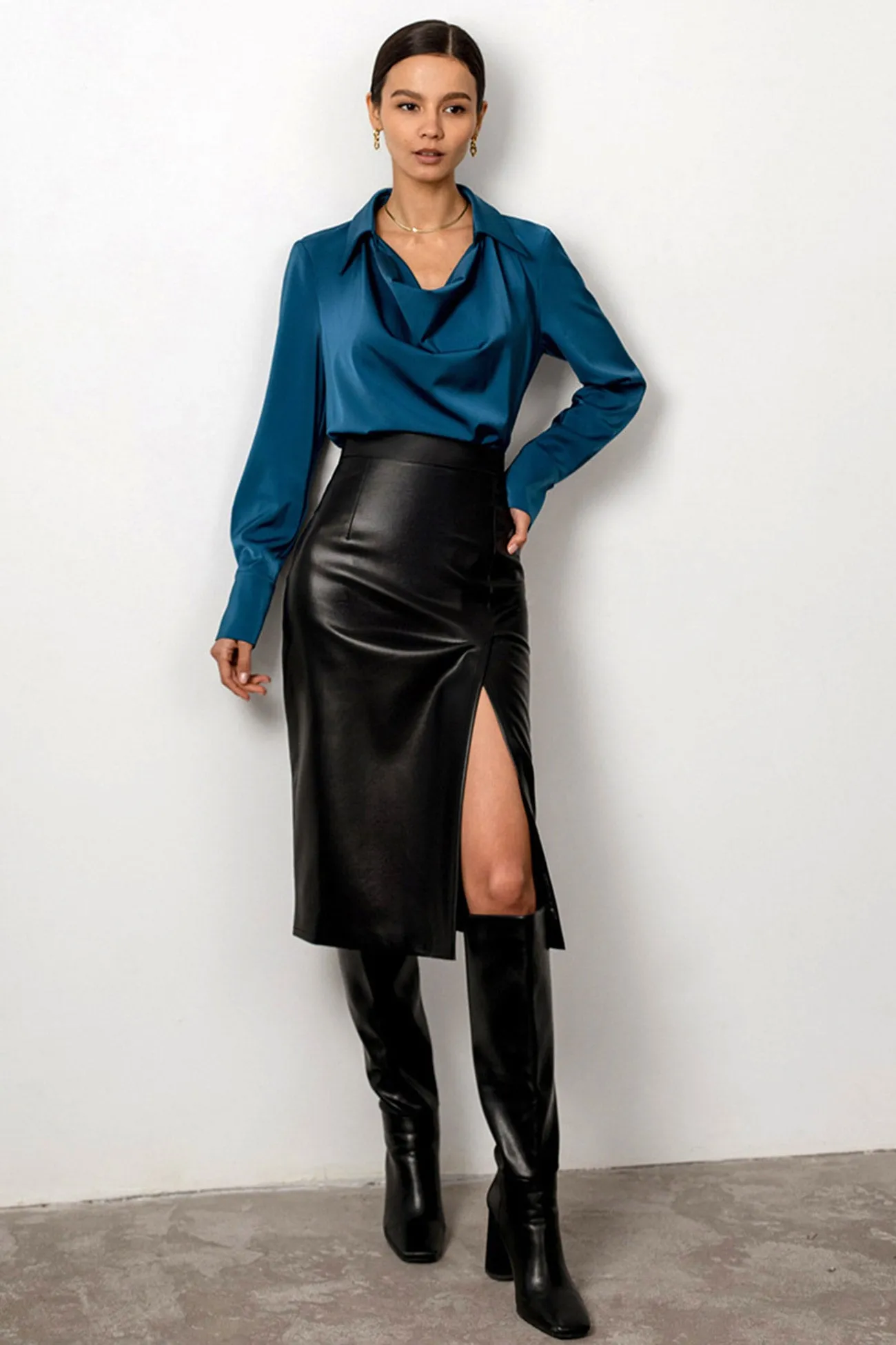 Solid Color High Waist Split Leather Skirt