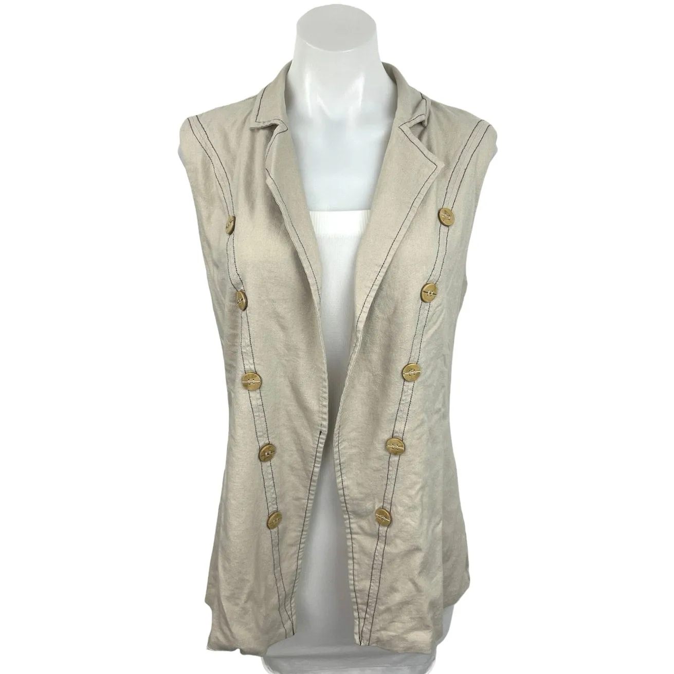 Sostiqs Womens Beige Sleeveless Collared Double Breasted Blazer Coat Jacket Sz M