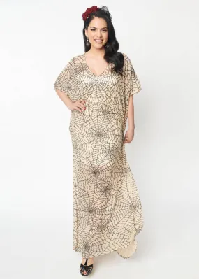 Unique Vintage Burton Spiderweb Sequin 20's Kaftan Maxi Dress Nude