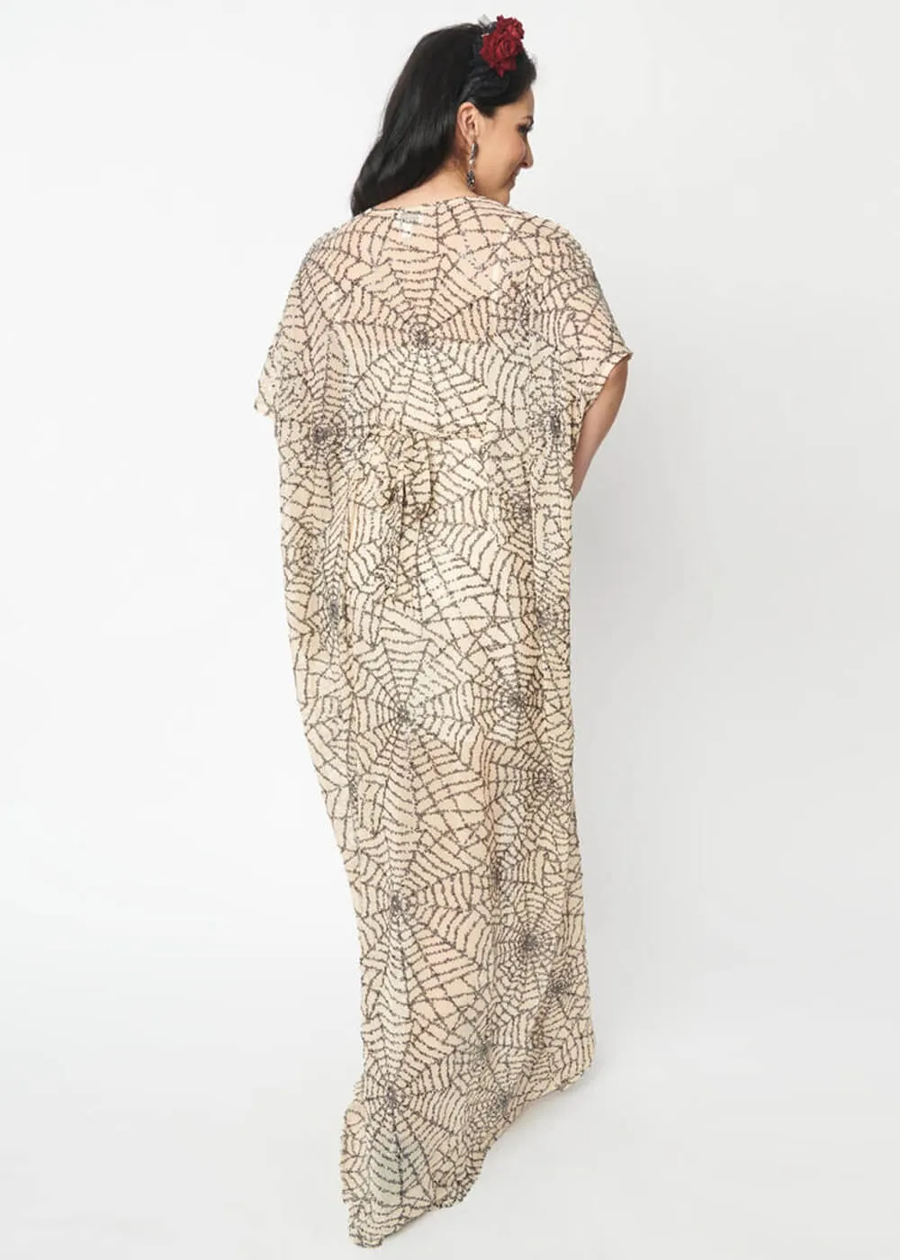 Unique Vintage Burton Spiderweb Sequin 20's Kaftan Maxi Dress Nude