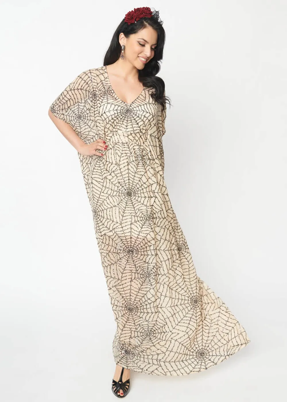 Unique Vintage Burton Spiderweb Sequin 20's Kaftan Maxi Dress Nude