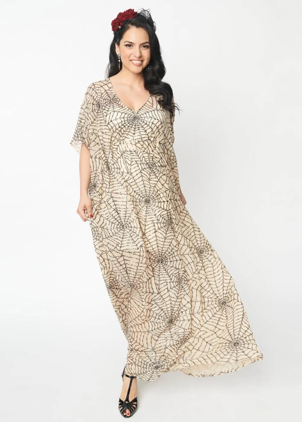 Unique Vintage Burton Spiderweb Sequin 20's Kaftan Maxi Dress Nude