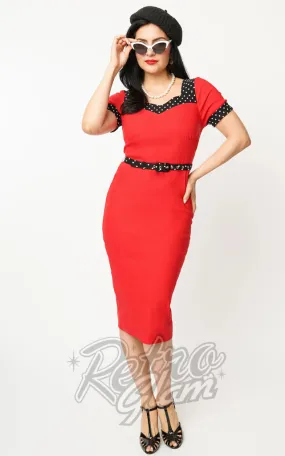 Unique Vintage Red & Polka Dot Wiggle Dress