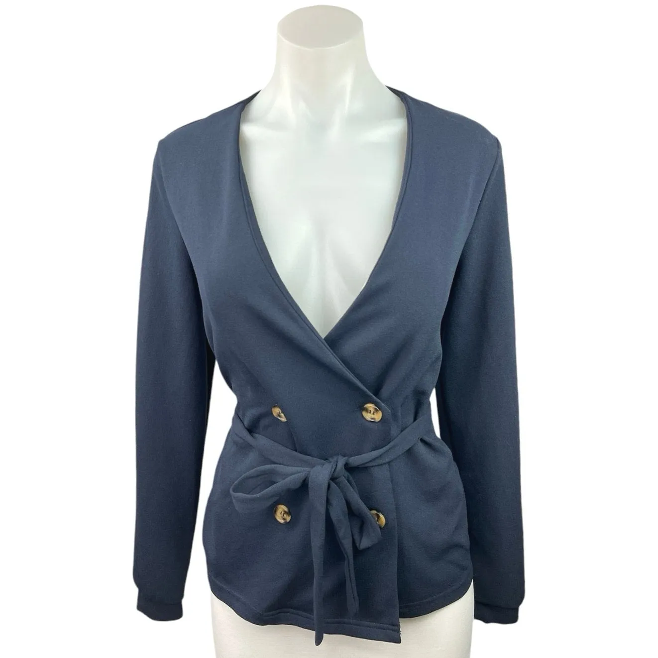 Vero Moda Blue Double Breasted V-Neck Belted Tie Waist Blazer Coat Jacket Top S