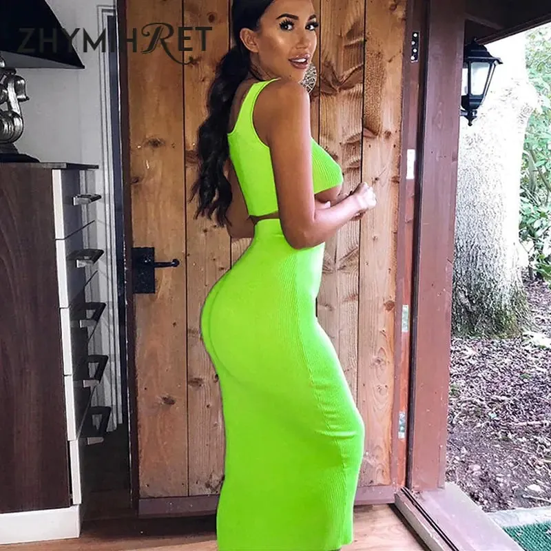 Vibrant Ribbed Dress Set - Seductive Neon Colors