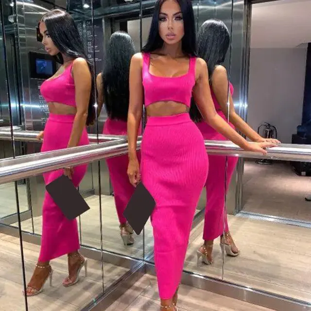 Vibrant Ribbed Dress Set - Seductive Neon Colors