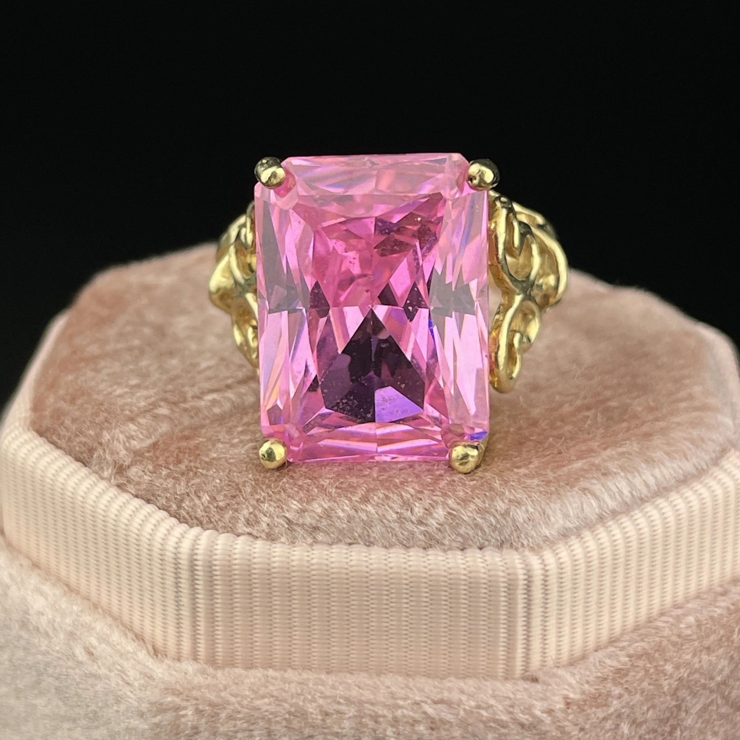 Vintage 10K Gold Simulated Pink Sapphire Step Cut Ring, Sz 7.5