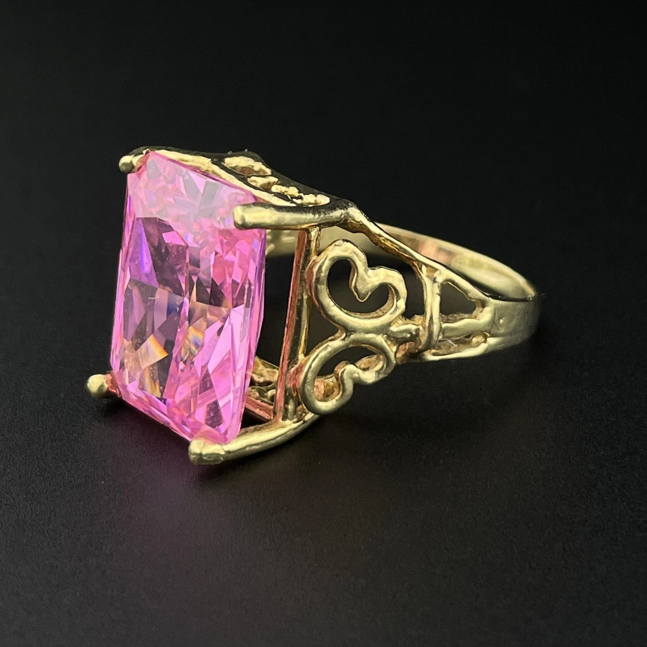 Vintage 10K Gold Simulated Pink Sapphire Step Cut Ring, Sz 7.5