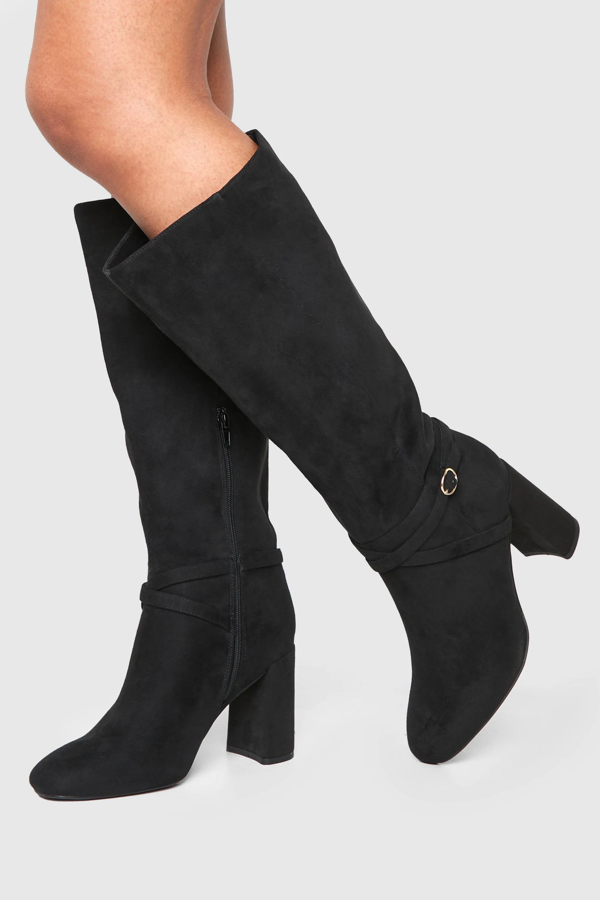 Wide Fit Buckle Detail Heeled Knee High Boots