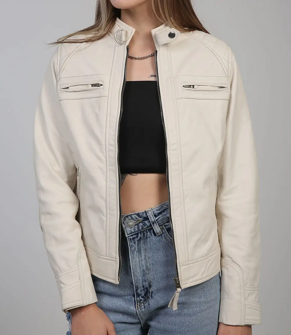 Women Off White Diamond Moto Style Real Leather Jacket