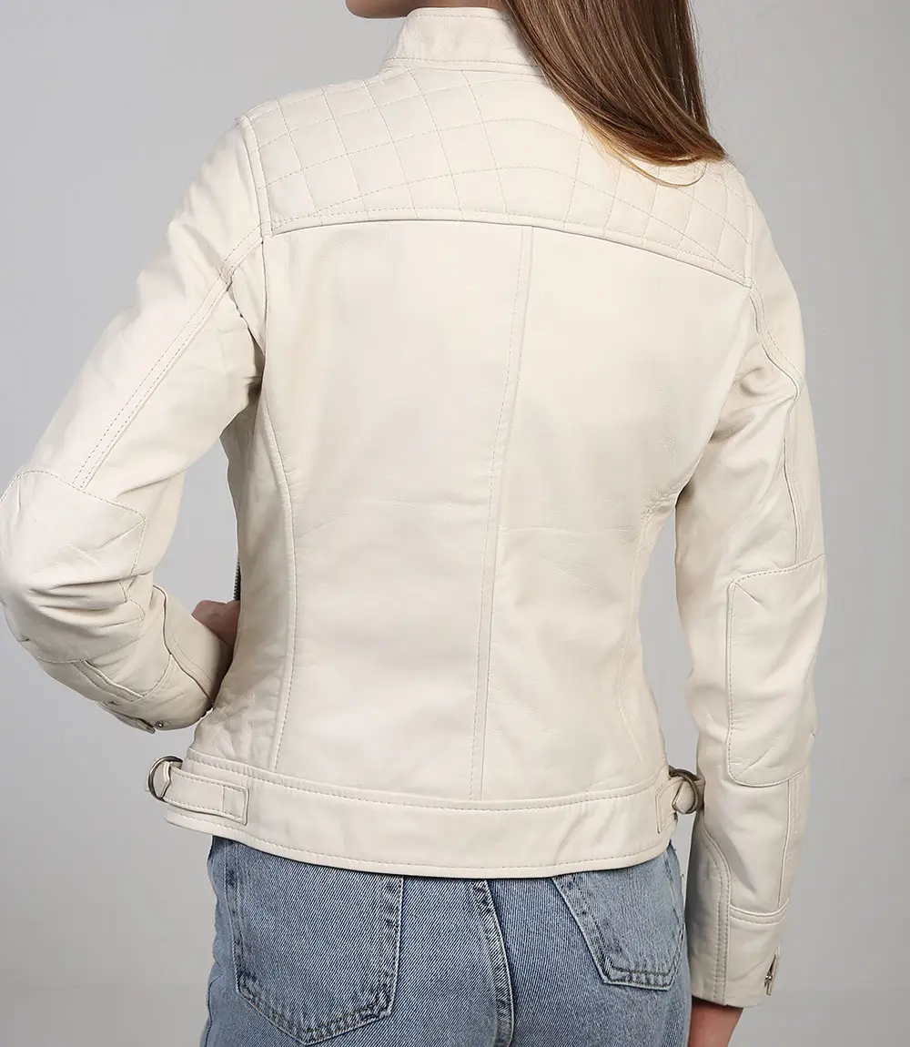 Women Off White Diamond Moto Style Real Leather Jacket