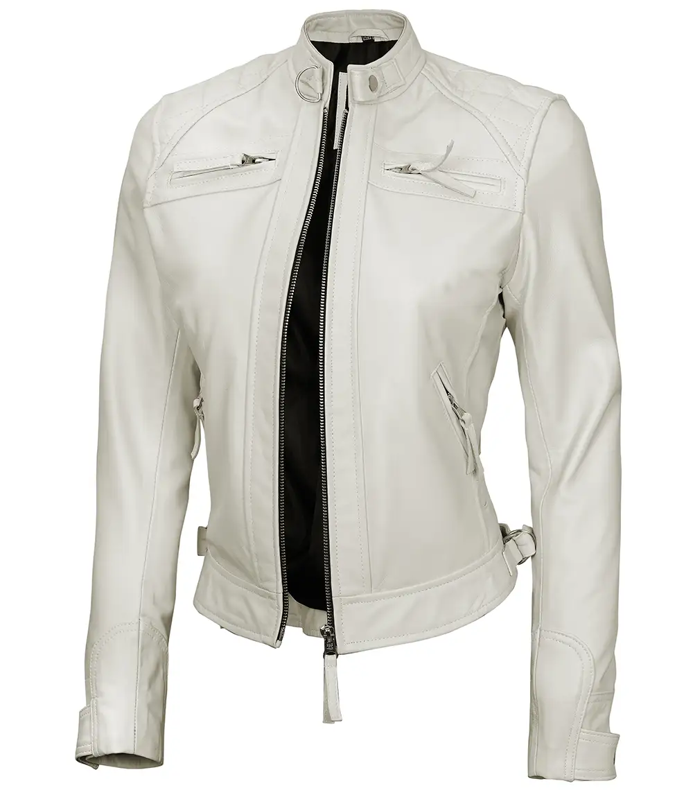 Women Off White Diamond Moto Style Real Leather Jacket