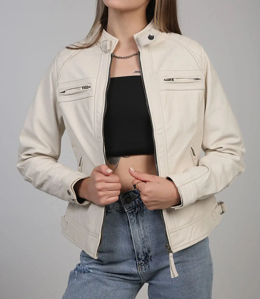 Women Off White Diamond Moto Style Real Leather Jacket