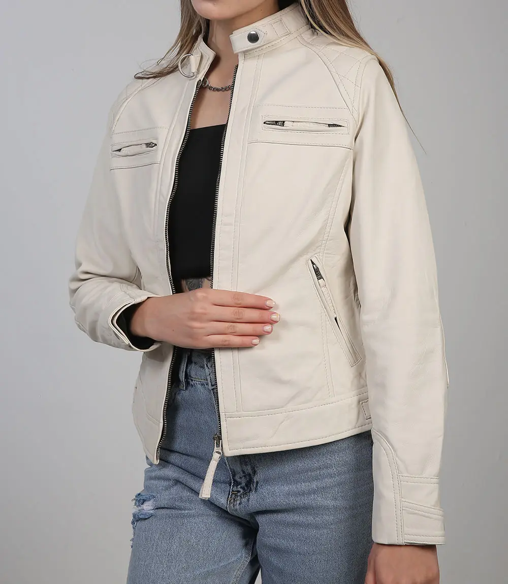 Women Off White Diamond Moto Style Real Leather Jacket