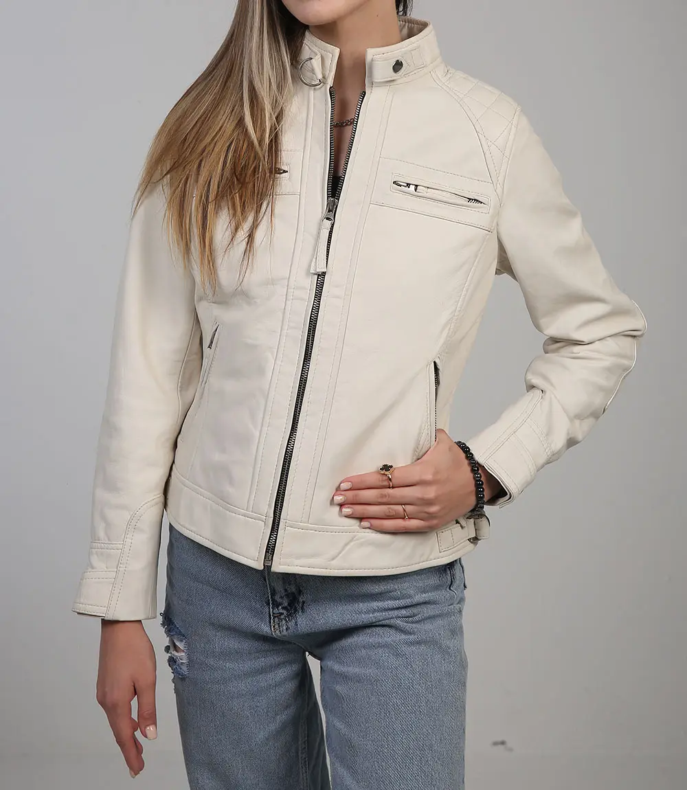 Women Off White Diamond Moto Style Real Leather Jacket