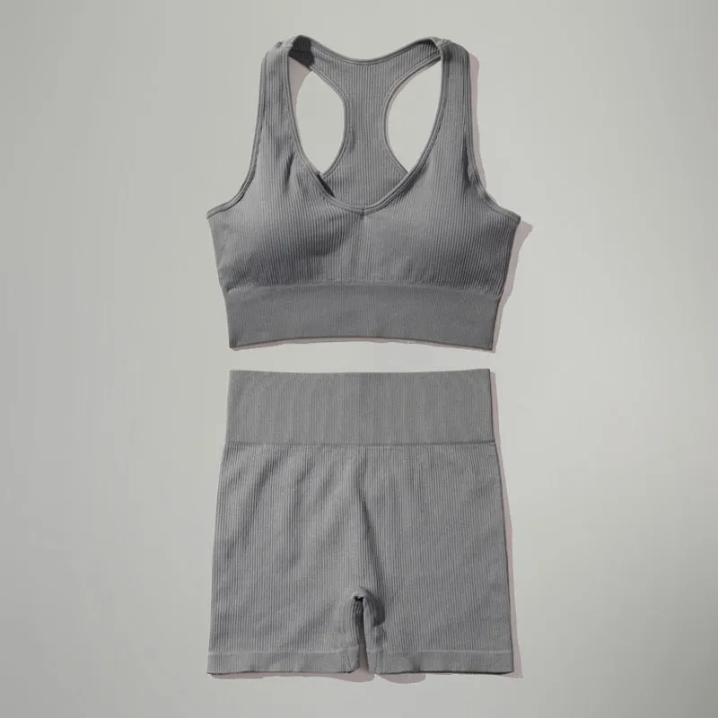 Women's Gray Seamless Bra High Waist Shorts Two Piece Yoga Outfit