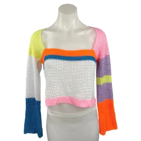 Womens Multicolor Patchwork Crocheted Bell Sleeve Pullover Cropped Sweater Top M