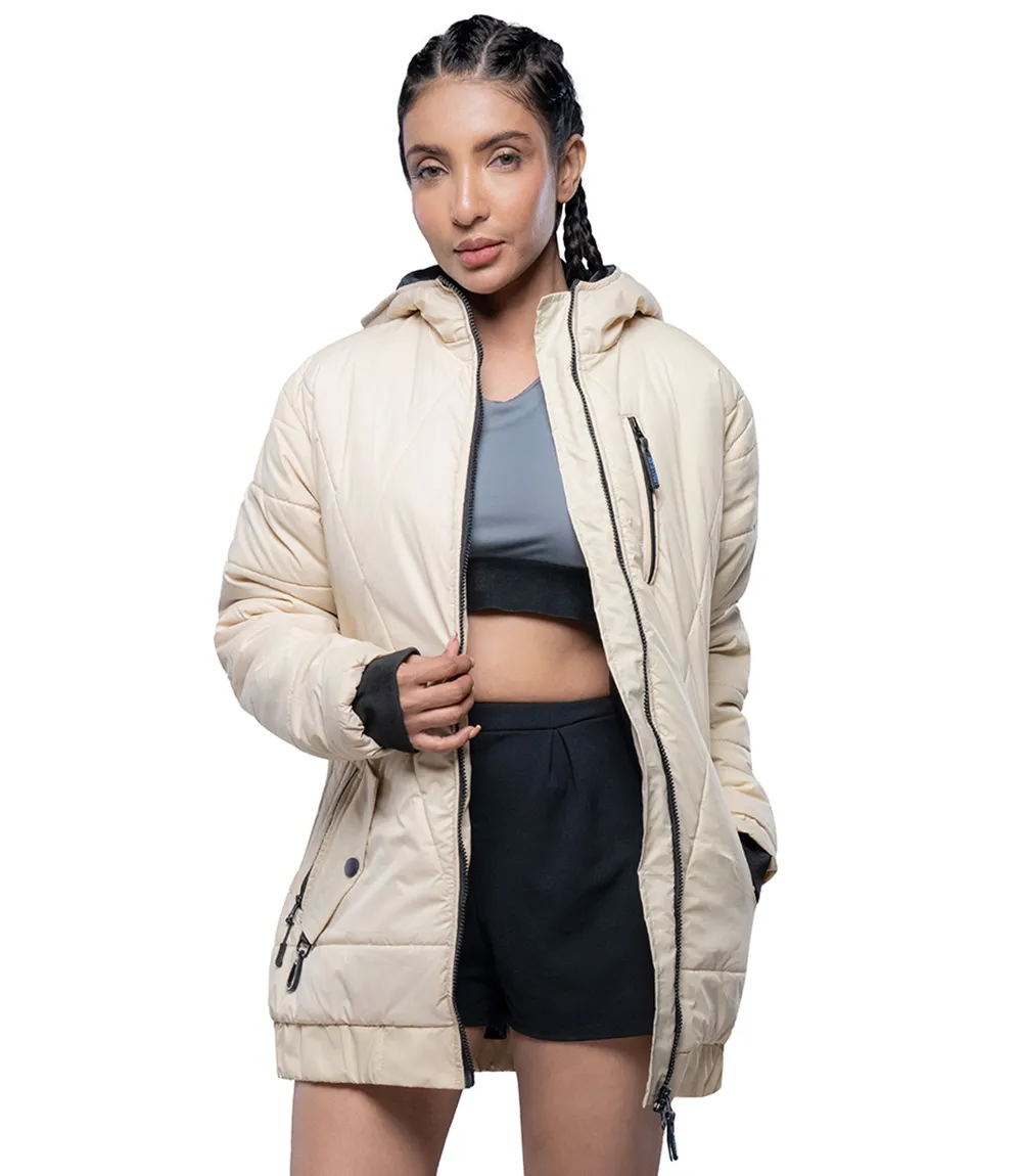 Womens Quilted Style Cream Puffer Jacket With Hood