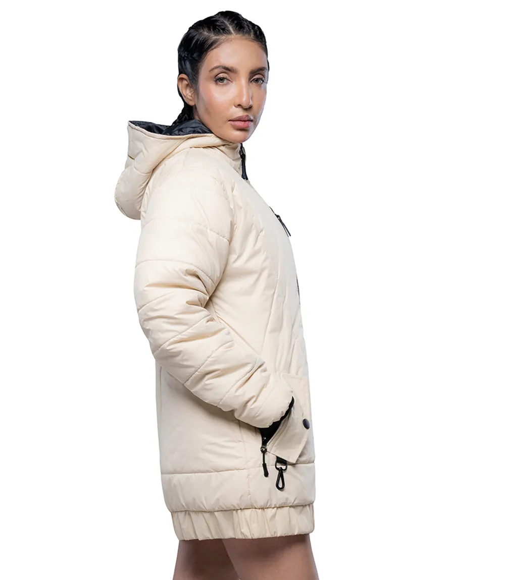 Womens Quilted Style Cream Puffer Jacket With Hood