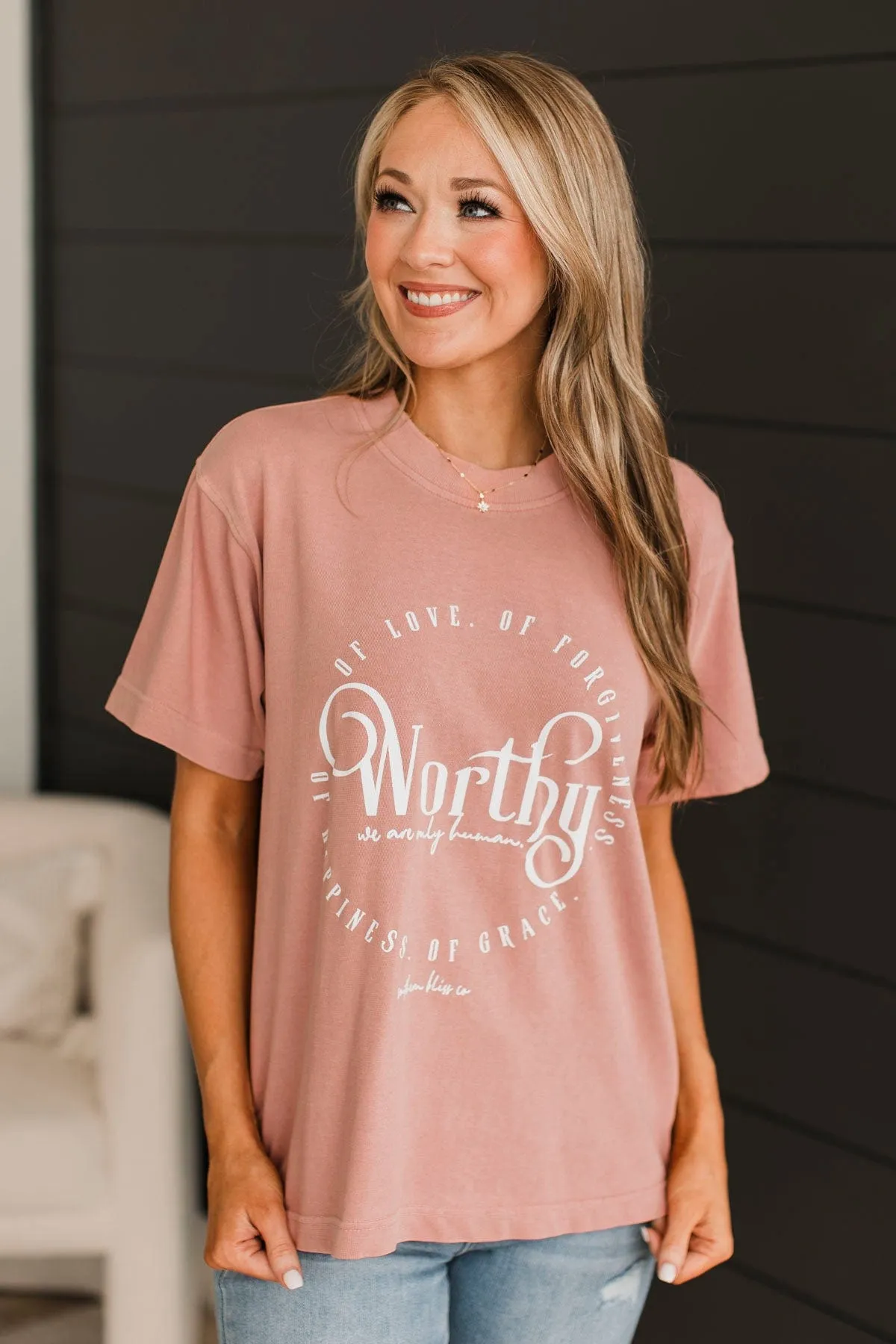 Worthy Mock Neck Graphic Tee- Blush