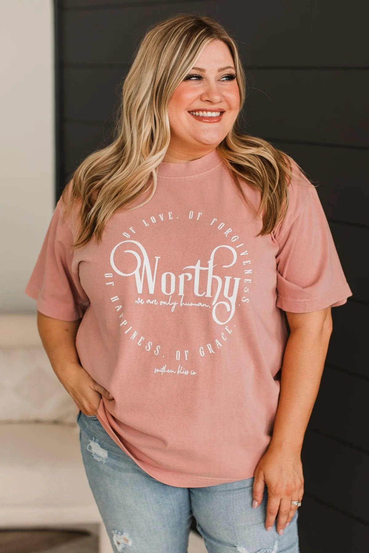 Worthy Mock Neck Graphic Tee- Blush