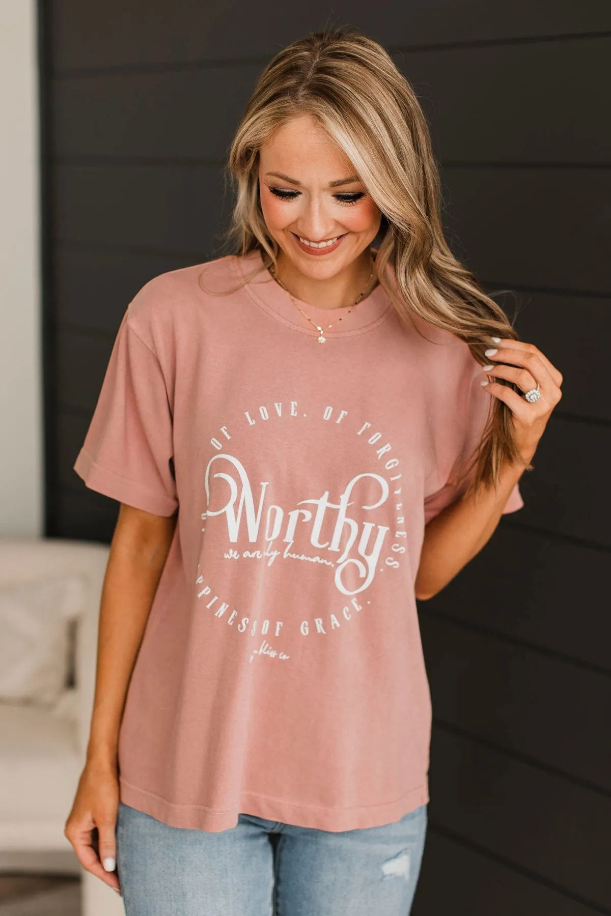 Worthy Mock Neck Graphic Tee- Blush